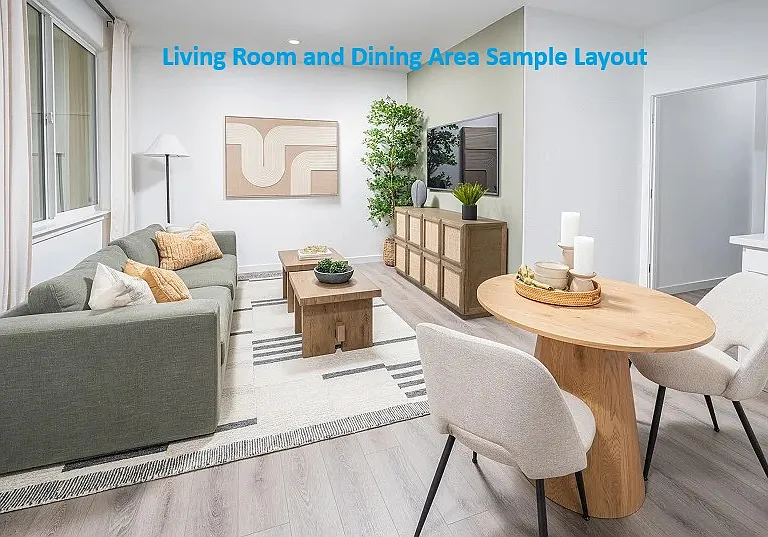Sample furniture layout for the living room and dining area.