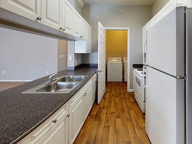 Apartment kitchen with wood-style flooring.