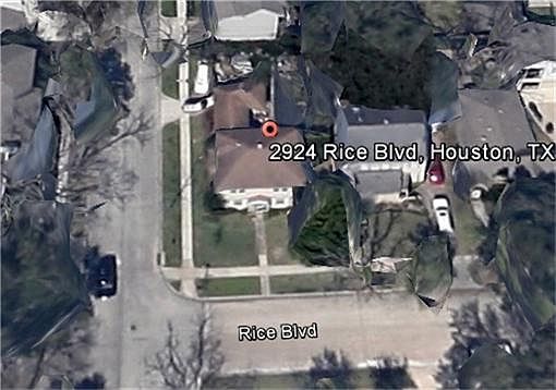 An aerial view of 2924 Rice Blvd, copywrite Google Earth.