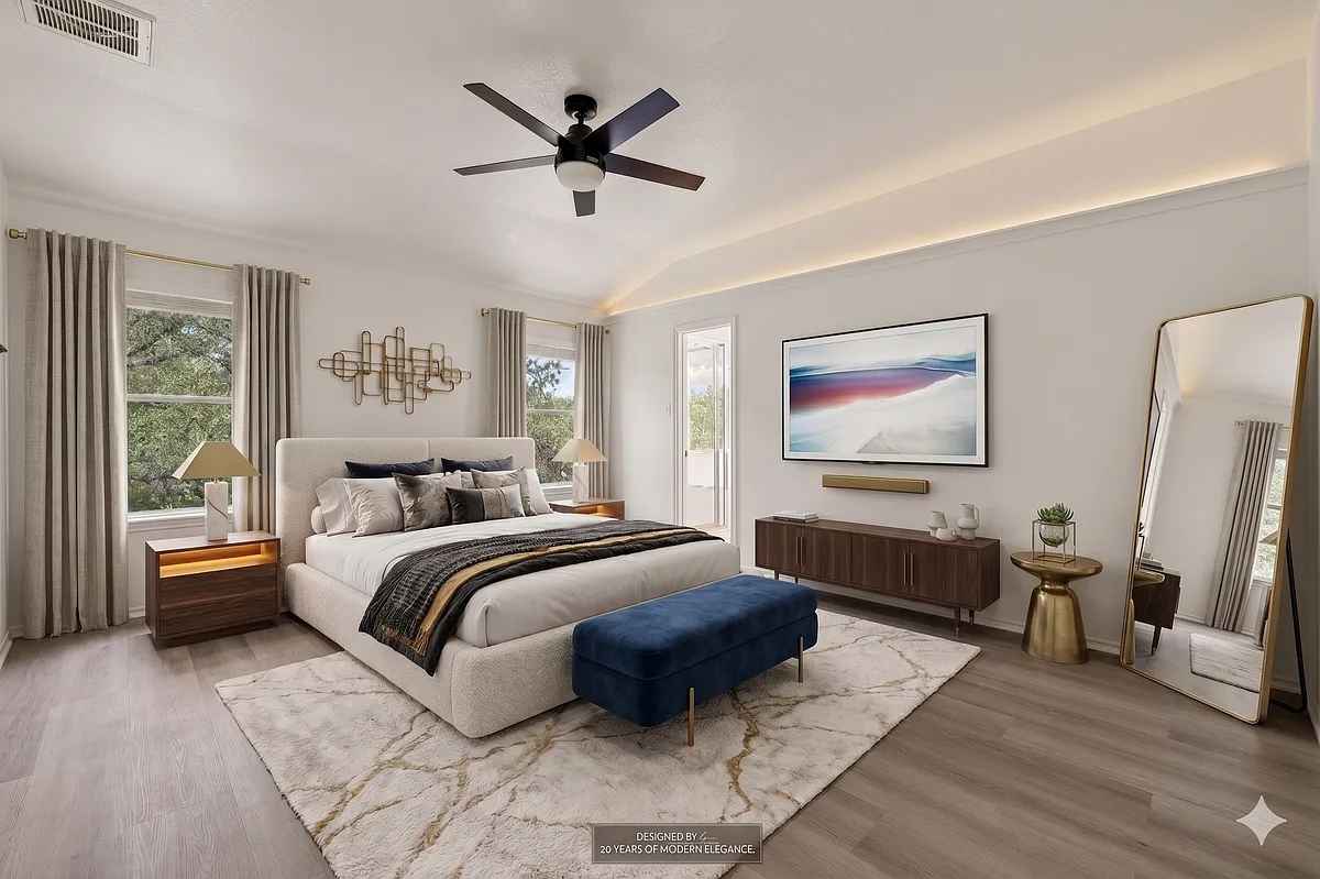 Large updated primary suite: soaking tub, shower, walk-in closet and double sink vanity - staged - 3928 Tapado Canyon Trl