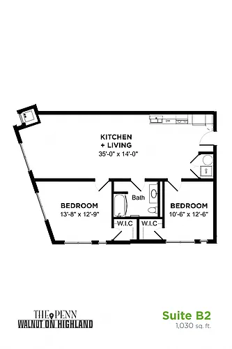 Floor plan 2 Bedroom 1 Bath Suite B2
