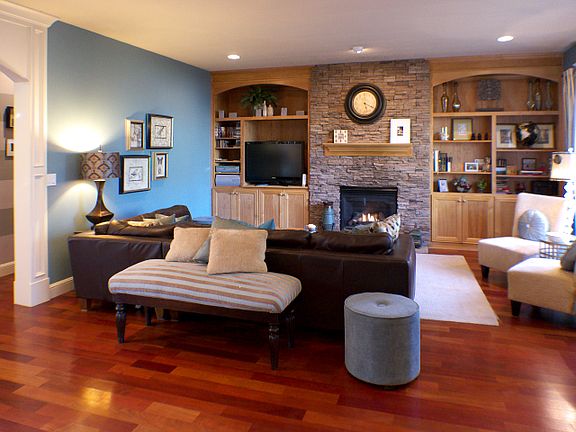 Family Room with massive stone fireplace, built-ins