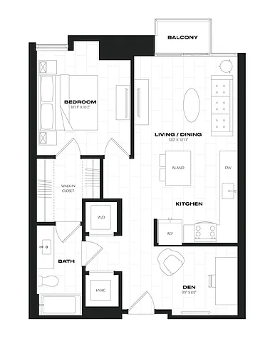 Floor plan 1 Bed/1 Bath/Den-B7.3