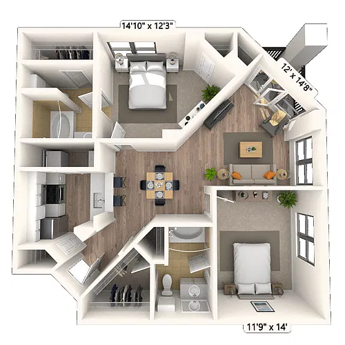 Floor plan Traditional 2x2 1031-1195 SF
