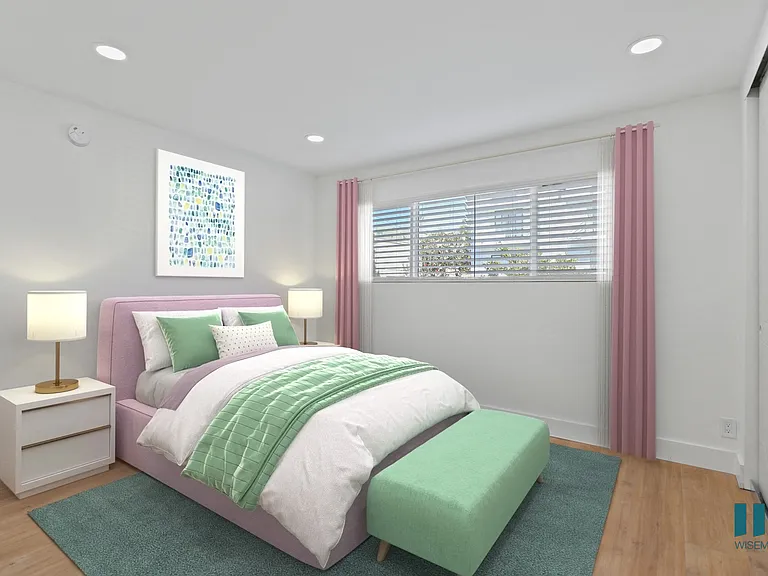 Bedroom with Mirrored Closet, Vinyl Flooring, and Large-Size Windows