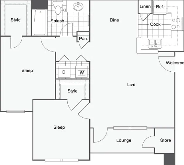 2 Bed 1 Bath A Floorplan Diagram