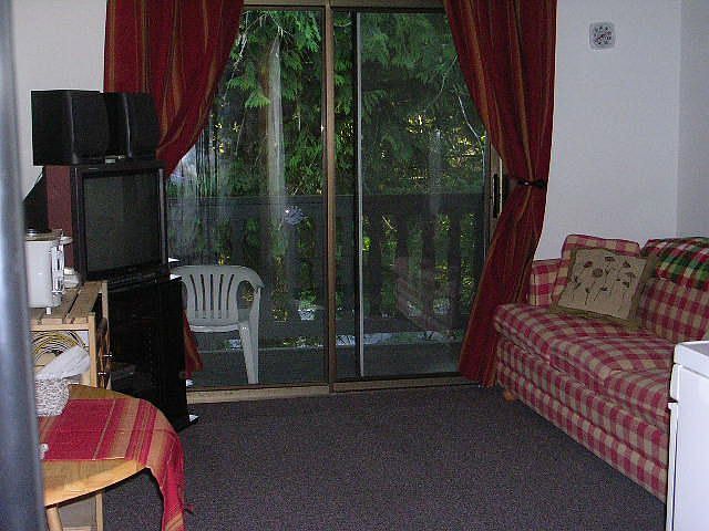View to sliding glass doors that lead to balcony. Sofa pulls out to queen bed.