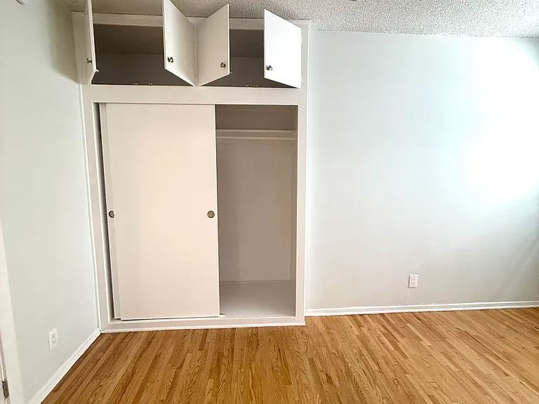 View of the bedroom closet and cabinets.