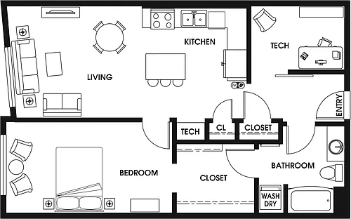 Floor plan 1 Bed/1 Bath Den ARCH-B1a