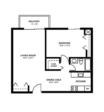 Floor plan C - One Bedroom One Bath with Balcony