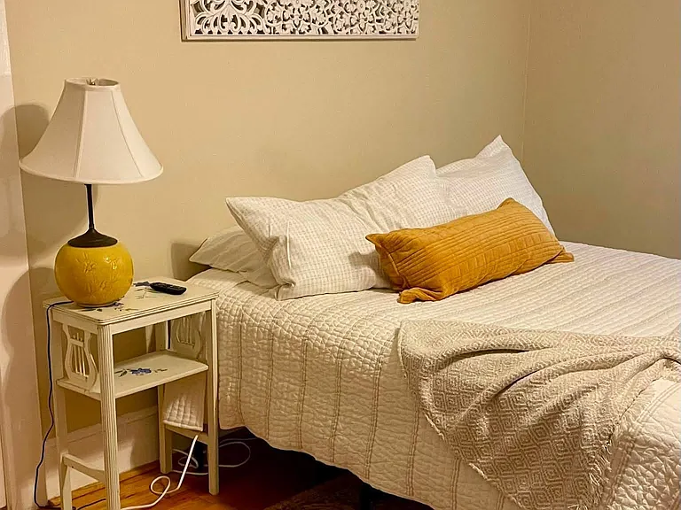 Queen sized bed and a smart tv