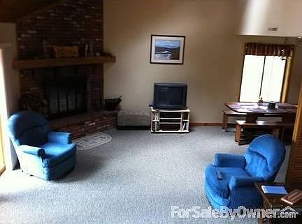 Spacious family room with wood fireplace : Lots of natural light with 2 skylights