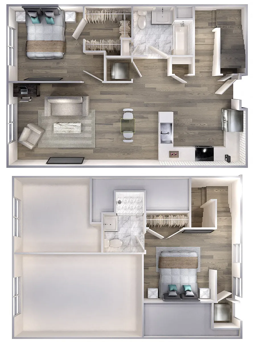 Floor plan Avenue F | 1 Bed/2 Bath Duplex-B6D