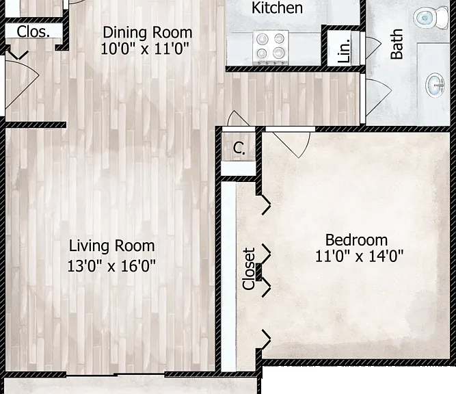 1 Bed 1 Bath Floorplan Diagram