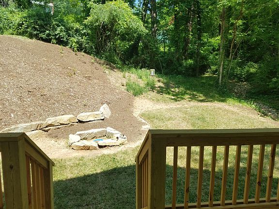 backyard, covered deck (with fan) and firepit