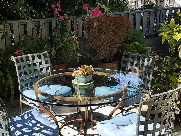Large, secure, private patio and furnishings. Room for personal plants. Tree shrouded and quiet.