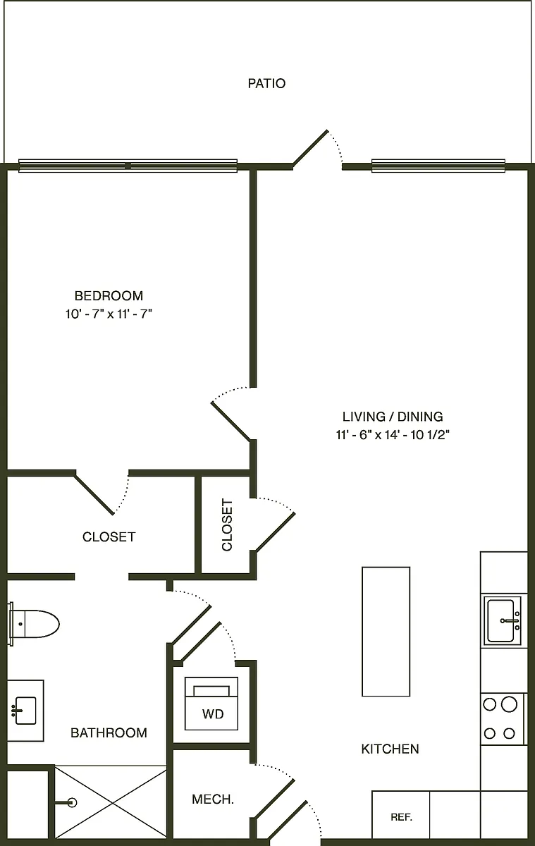 Floor plan One Bedroom B Patio