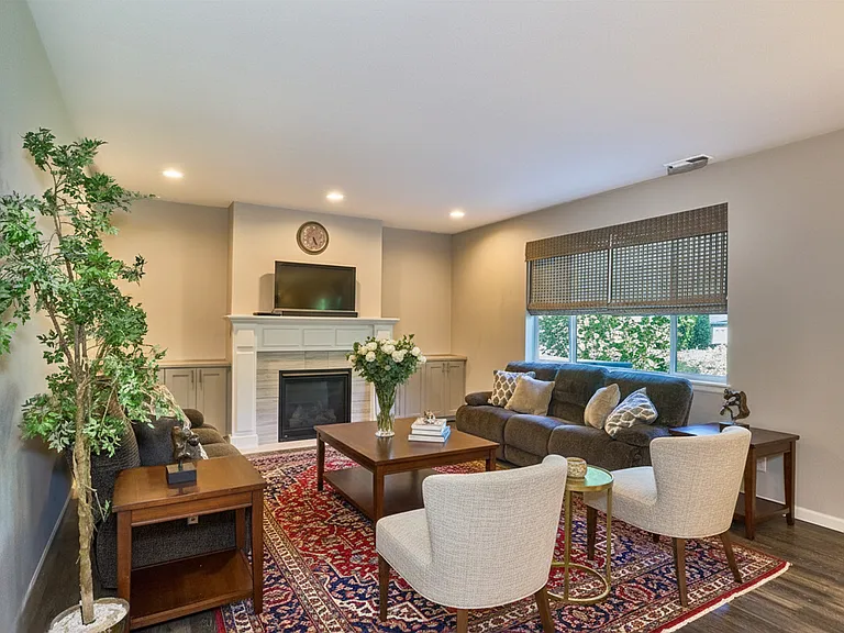 Luxurious great room with gas fireplace.