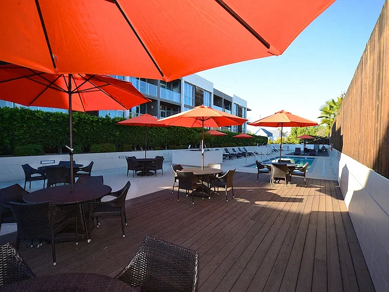 Swimming pool and sun deck at 12th Street Lofts in National City, California.