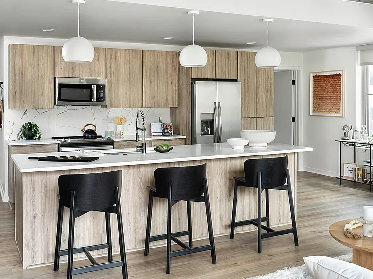 Apartment kitchen with stainless steel appliances, quartz countertops and wood-style flooring.