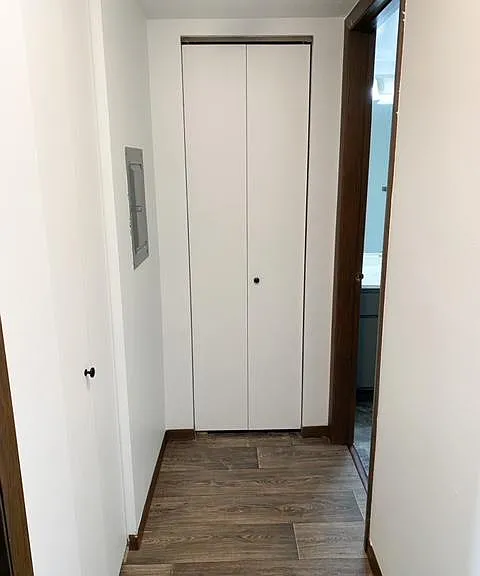 View of hallway, bedroom on left, linen closet on left, utility closet at the end of hall, bathroom on the right.
