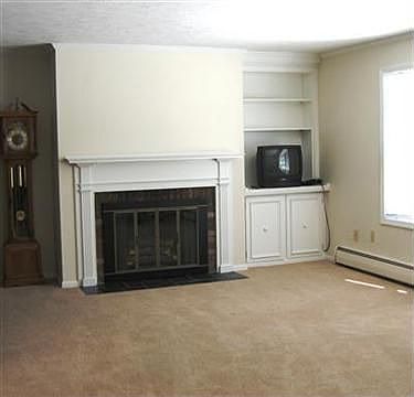 Wood burning fireplace and built-in bookshelves in living room