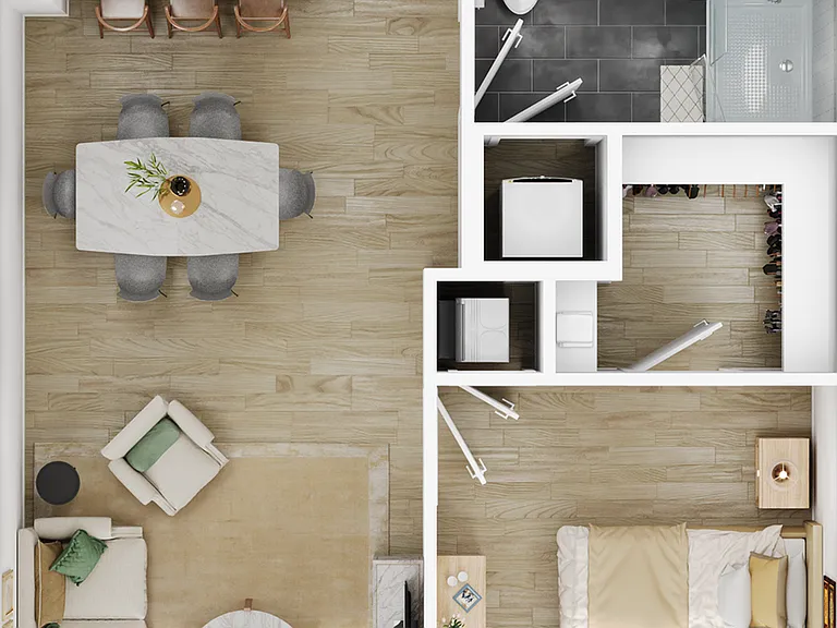 Explore this stylish apartment design featuring an efficient use of space and contemporary aesthetics. Explore this stylish apartment design featuring an efficient use of space and contemporary aesthetics.
