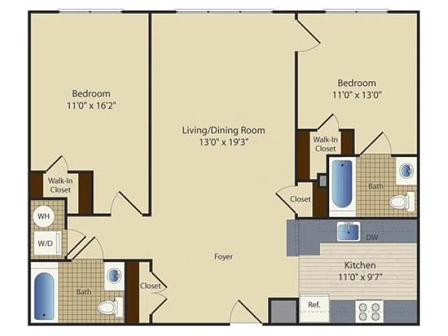 Floor plan Two Bedroom Two Bath (1024 SF)