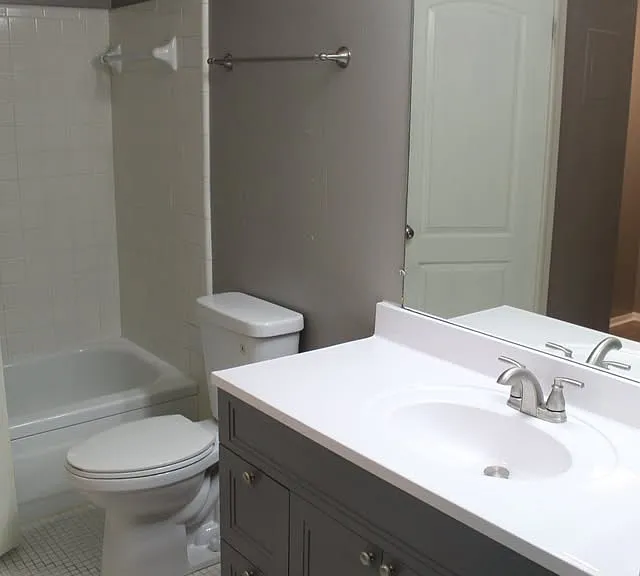 Bathroom. This has an entrance from the hallway, and also a direct connection/doorway to the master bedroom.