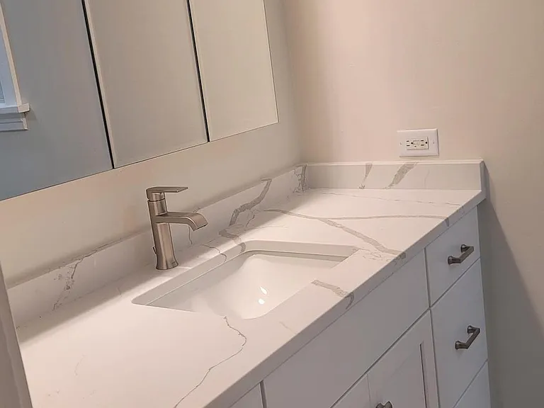 another view of the 60" wide vanity with self-closing doors/drawers & a 3-panel mirrored Medicine cabinet for extra storage