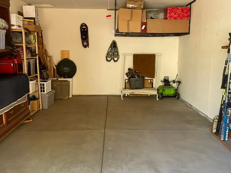 One car garage. Several sets of snow shoes for you use.