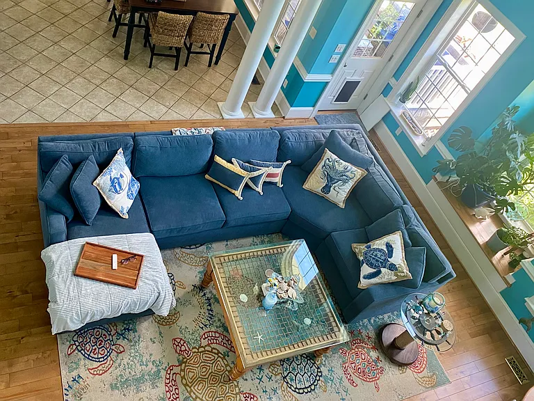 View of living room from 2nd story catwalk