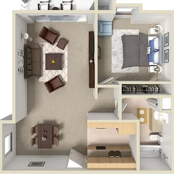 3D Rendering of a 1 Bed Floor Plan 3D Rendering of a 1 Bed Floor Plan