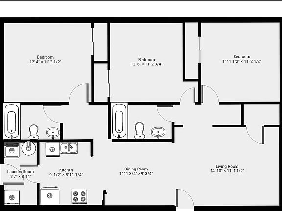 Layout with three bedrooms and 2 bathrooms