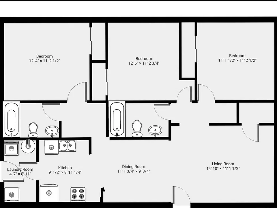 Layout with three bedrooms and 2 bathrooms