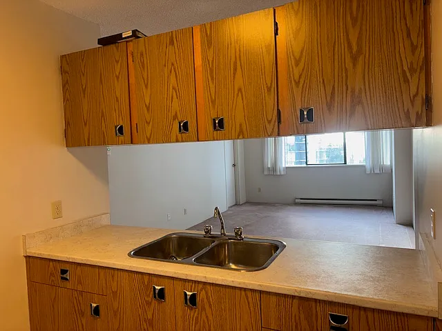 view from the kitchen into the living room and dining room