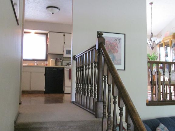 looking up to kitchen and dining area
