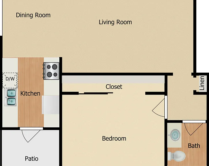 1 Bed 1 Bath Floorplan Diagram