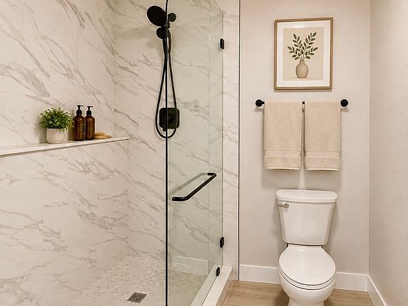 view of master bathroom, walk in shower with bench and dual shower heads