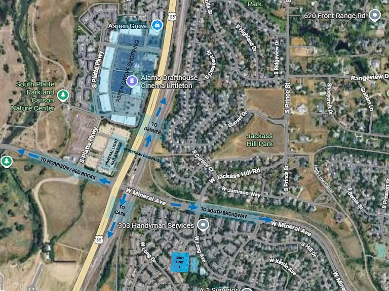 Aerial Map Showing Property and Littleton Mineral Light Rail Station, Santa Ave Pedestrian Overpass, and Aspen Grove Shopping Center