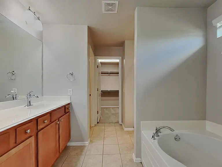Brightly lit bathroom features