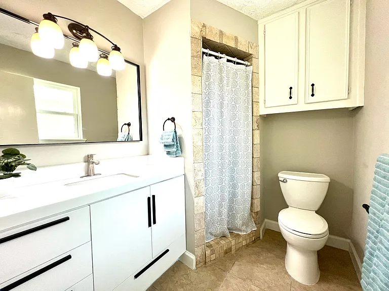Remodeled master ensuite with a sleek modern vanity, stylish mirror, and fresh, contemporary paint_offering a clean and elegant feel.