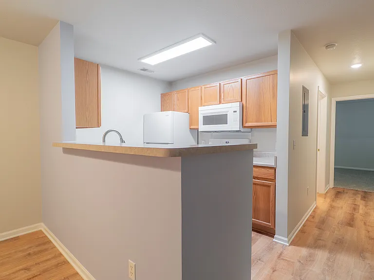 Kitchen view w/hallway (new vinyl flooring)