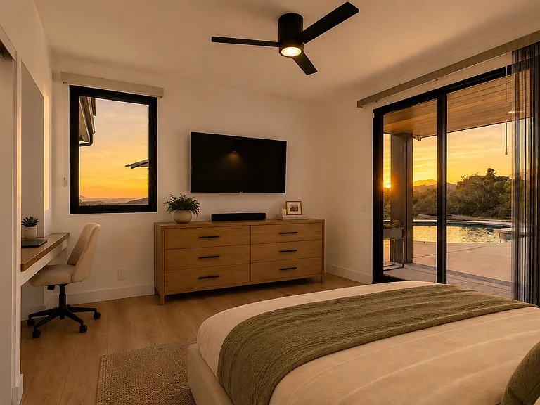 This bedroom is located on the 1st floor and has direct keyed lockable access to the outdoor and pool area and a private bathroom, TV, closet space and desk area. This suite is perfect for a caretaker or family member who wants to be self-sufficient.