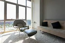 glass walls in the living room with a lay rug over part of wood floor