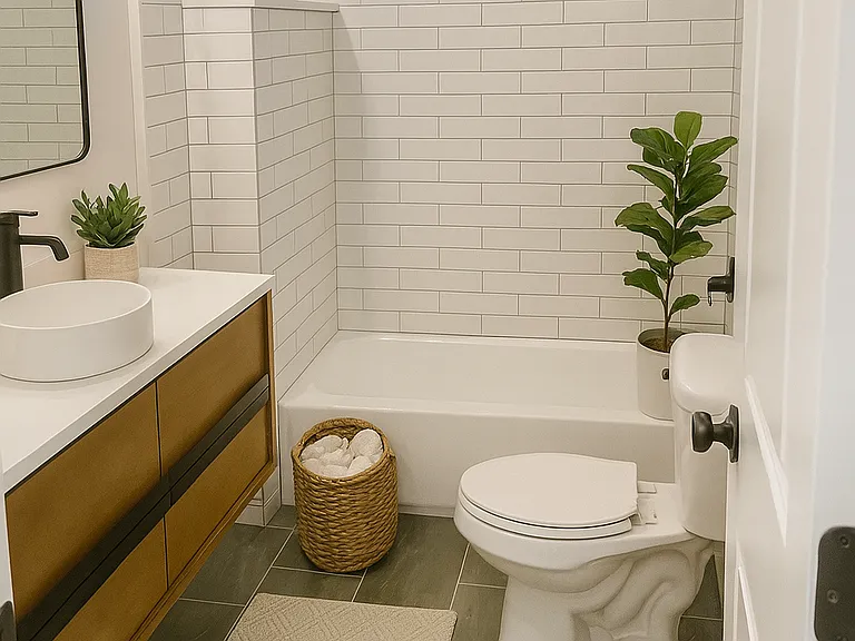 Digital rendering of bathroom - Bathroom with all new flooring, vanity, cabinet, tub, tile, shower, hardware, and toilet. Never been used.