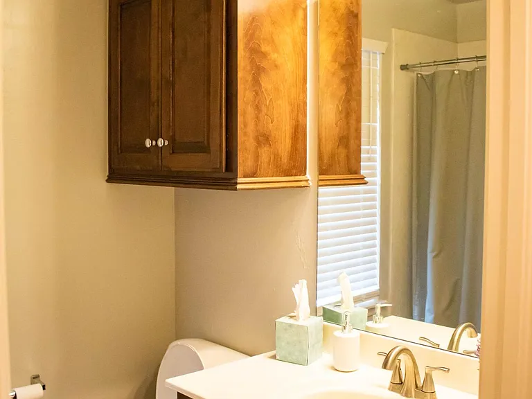 2nd bathroom, single sink, bathtub with shower
