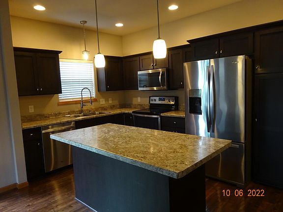 Modern style kitchen. Refrigerator with ice and water in the door Laminated wood floors
