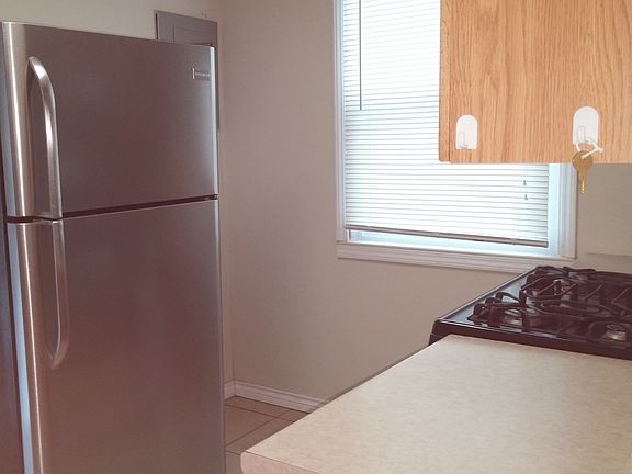 Kitchen Stainless fridge and range with vent above