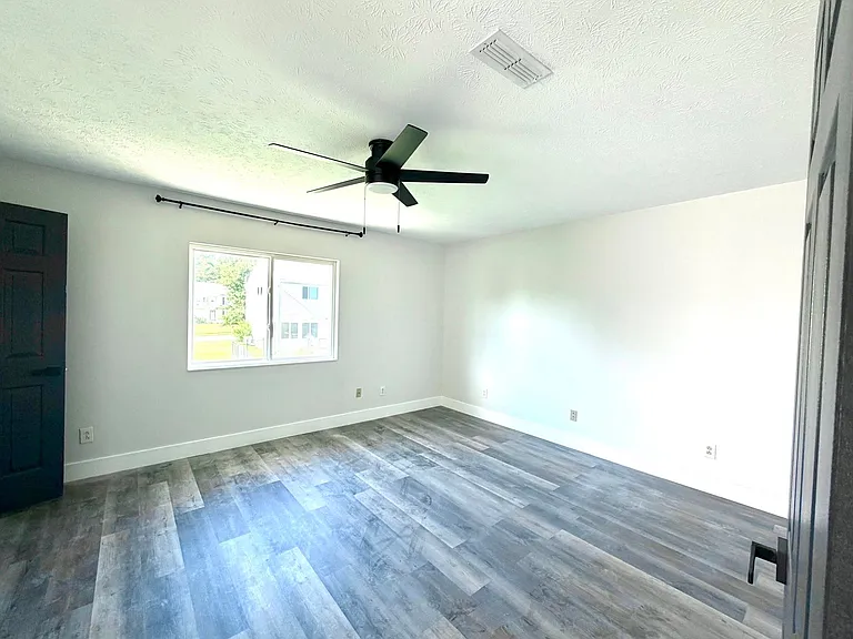 Large primary bedroom with ceiling fan and windows overlooking the rear yard
